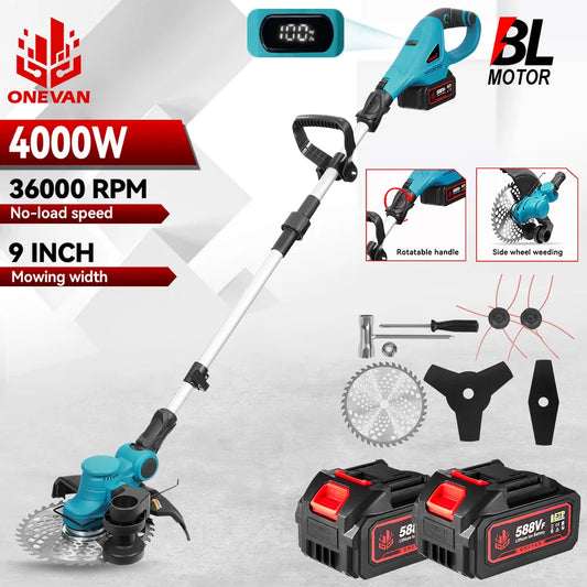 ONEVAN Brushless Electric Lawn Mower 36000RPM Grass Trimmer 90° Adjustable Foldable Garden Power Tool For Makita 18V Battery Pin