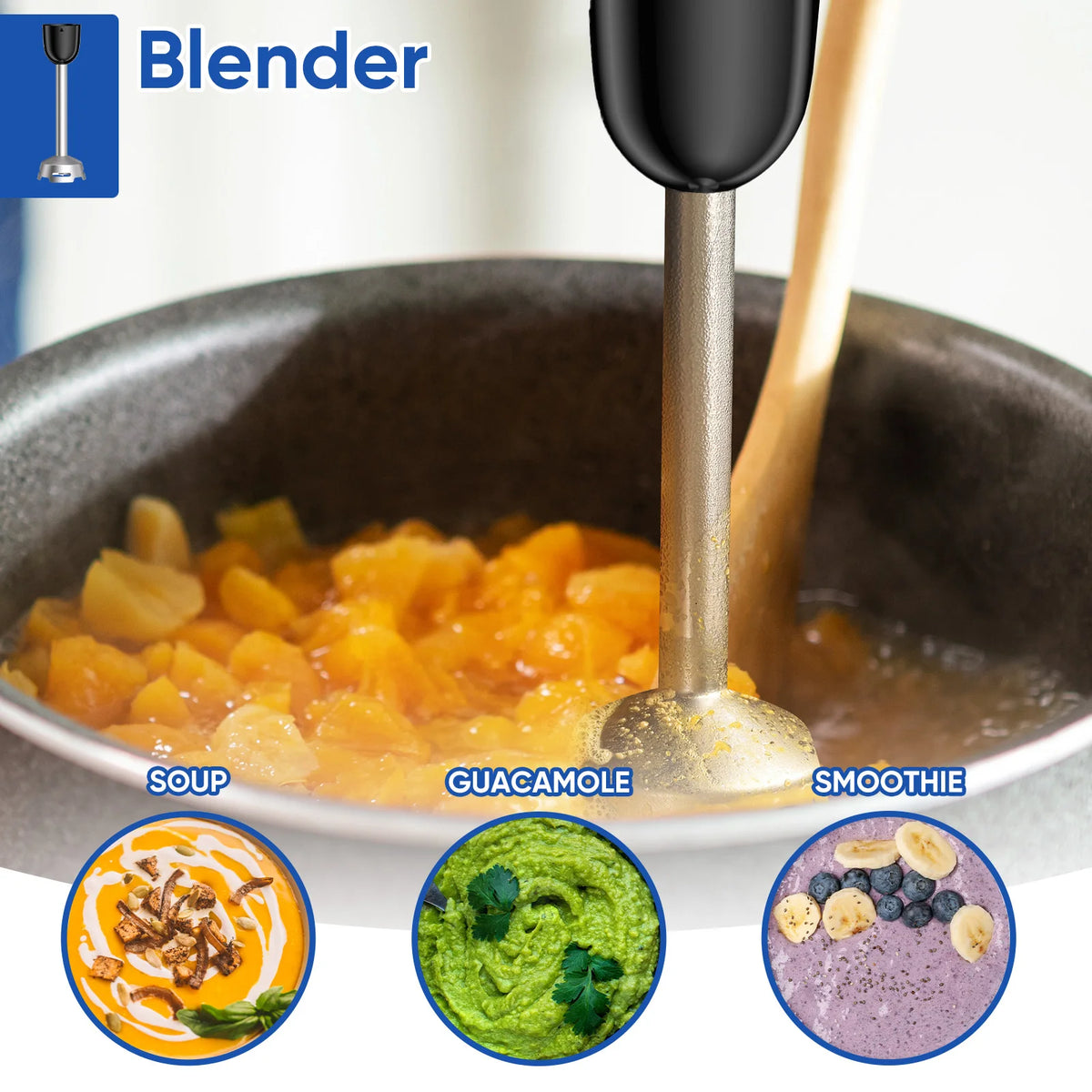 BioloMix 3-in-1 staafmixer, 1000W, met 304 roestvrijstalen mes voor smoothies, puree, babyvoeding, voedselbereiding