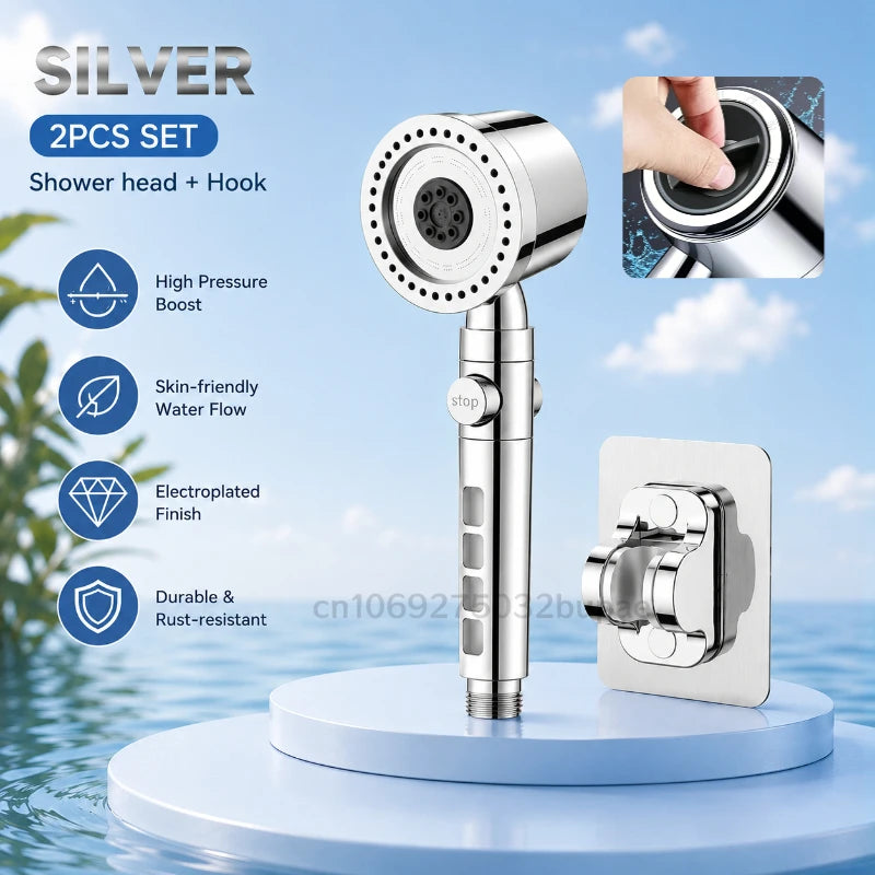 High Pressure Shower Head with Filter 3 Spray Modes Adjustable Large Flow One-Click Stop Water Saving Showerhead for Bathroom