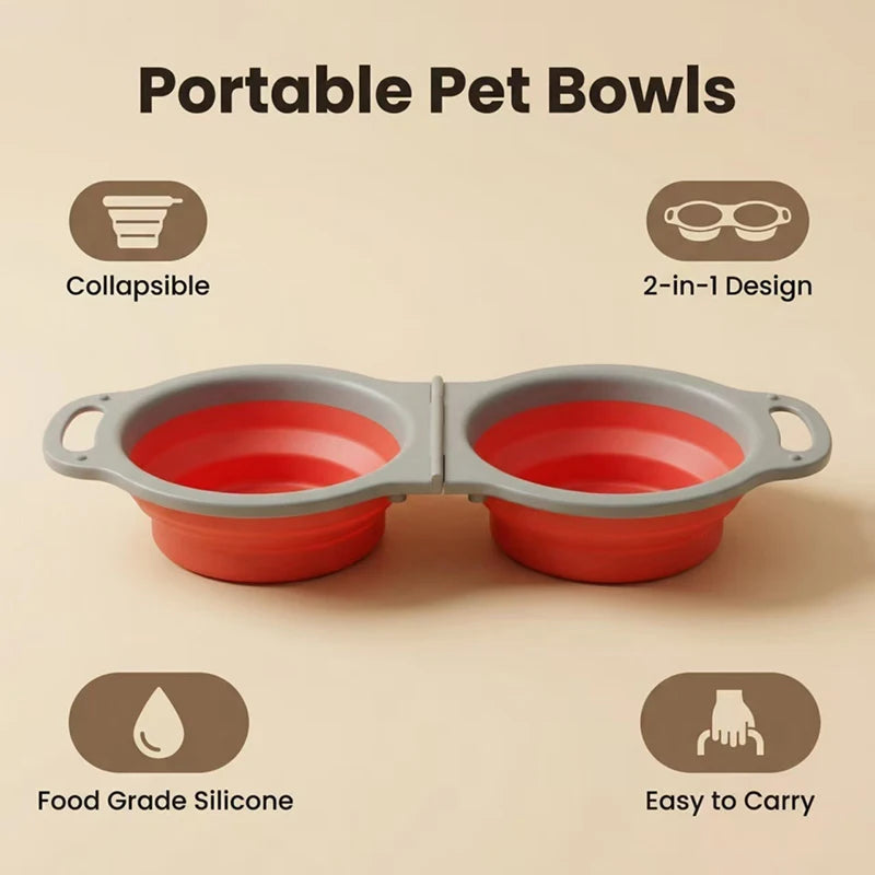 Silicone Pet Dog Double Bowl Collapsible Portable Dog Feeder Bowl Outdoor Travel Puppy Food Container Dog Accessories