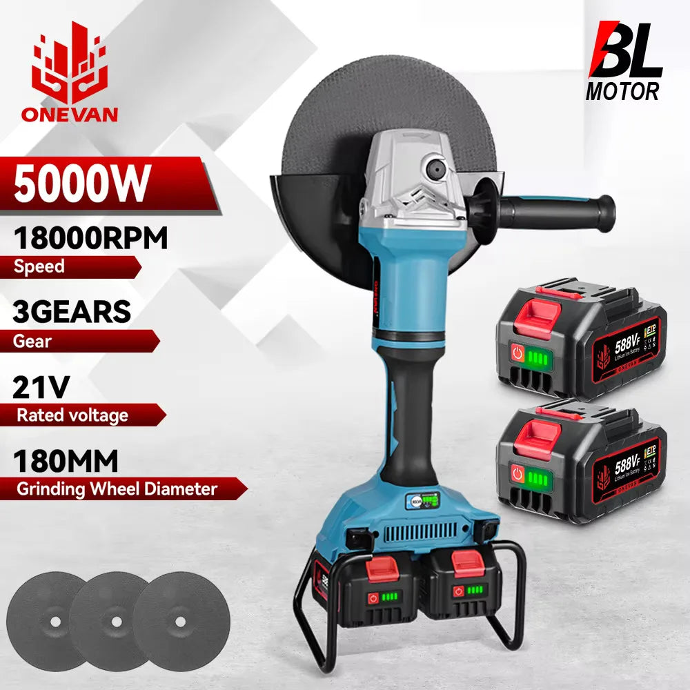 Meuleuse d'angle électrique sans balais ONEVAN 180 mm 5000 W M14, machine de découpe sans fil, outil de menuiserie pour batterie Makita 18 V