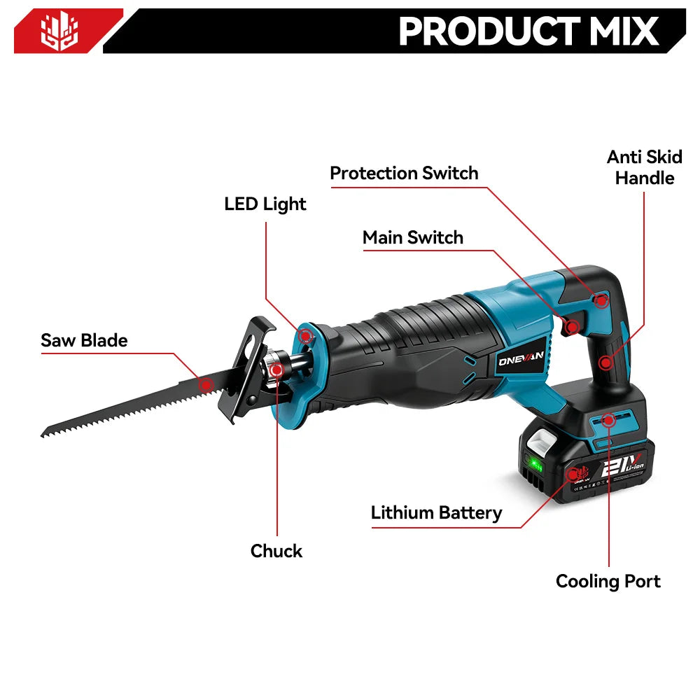 Scie sabre électrique ONEVAN 10000 tr/min, scie électrique portable rechargeable, outil de coupe pour métal et bois, compatible avec batterie Makita 18V