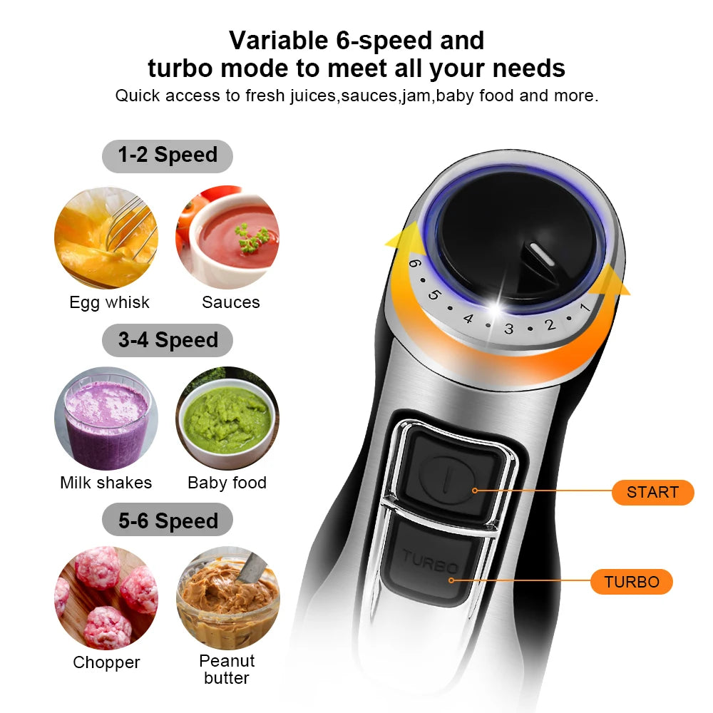 BioloMix Professionele 4-in-1 Staafmixerset - 1200W Krachtige Handmixer met Roestvrijstalen IJsmessen, Inclusief Hakmolen