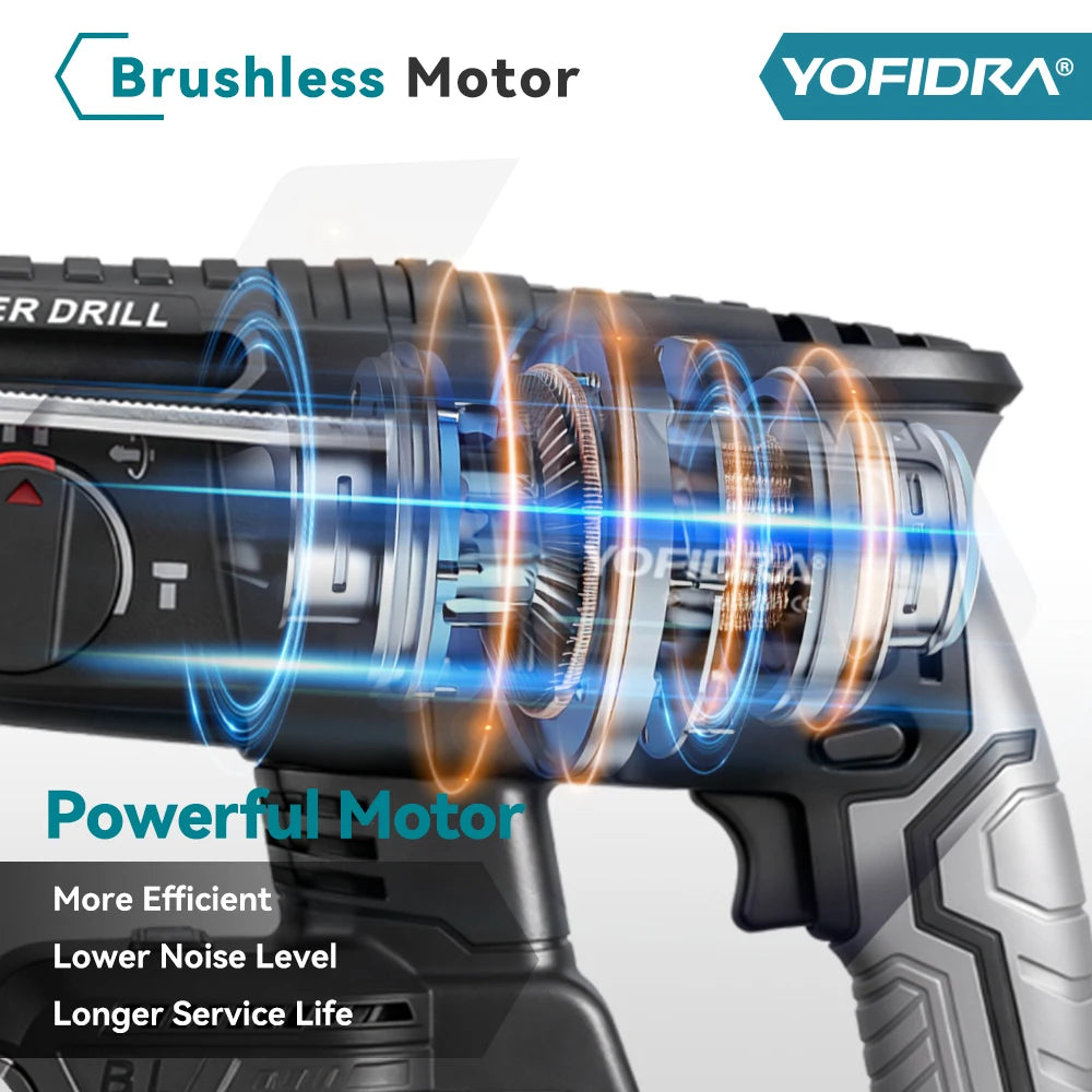 YOFIDRA 1680W Brushless Electric Hammer Cordless Multi-function Drilling Impact Drill Rotary Power Tool For 21V  18V Battery