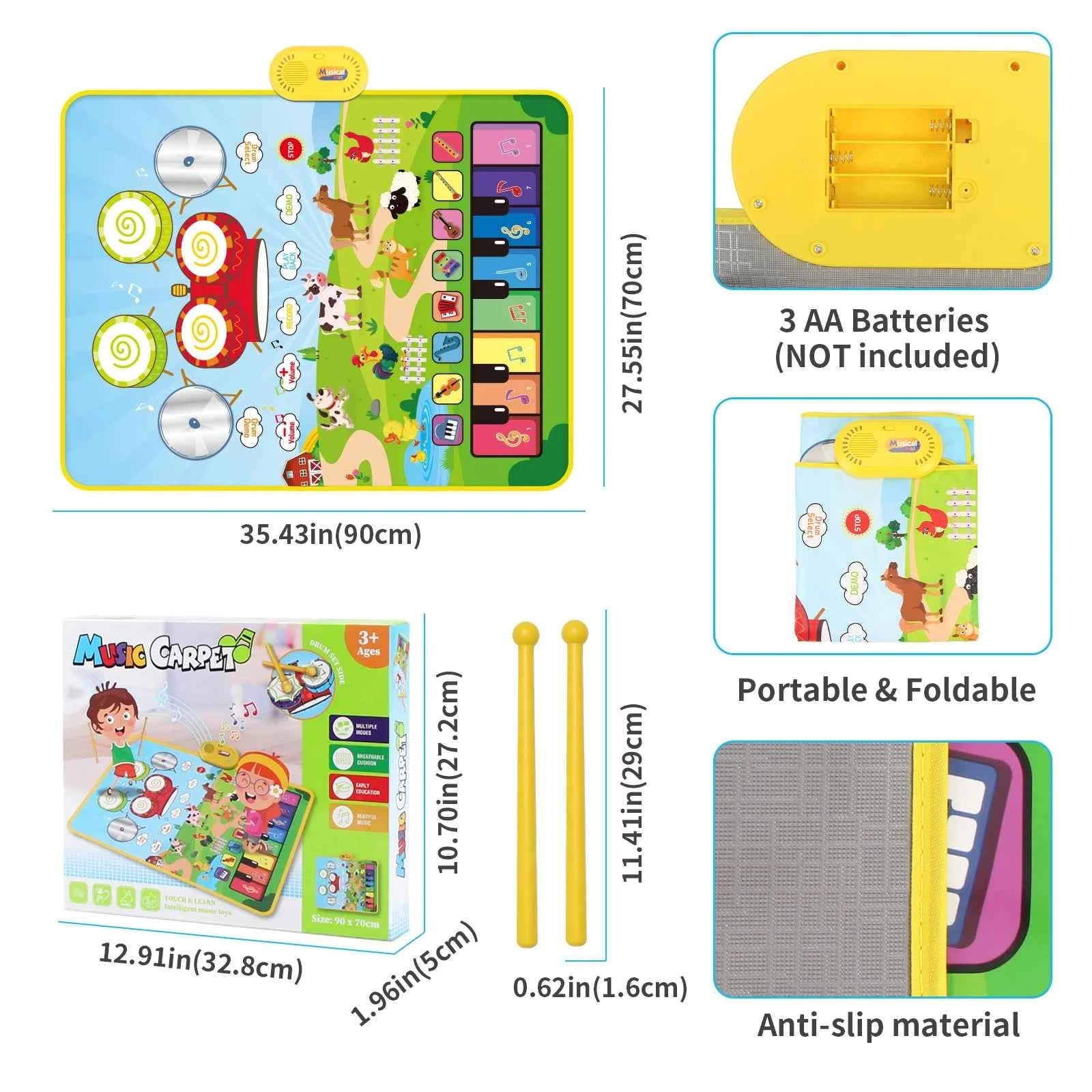 90x70cm Unicorn Music Mat - 2 in 1 Piano Keyboard and Drum Dance Mat for Kids, Educational Toys with 8 Instruments Sounds