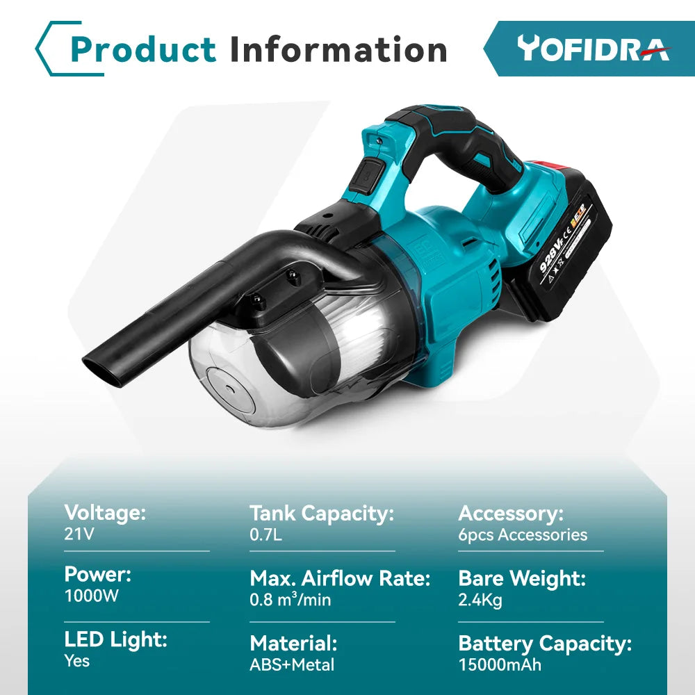 YOFIDRA 1000W Cordless Electric Vacuum Cleaner Efficient Rechargeable Dust Catcher Cleaning Power Tools For Makita Battery Pin