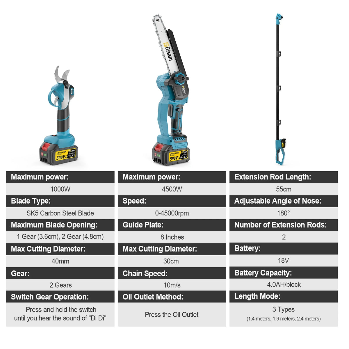 Gisam Borstelloze telescopische elektrische kettingzaag-schaar 4-in-1 takkenzaag Tuinsnoeigereedschap voor Makita 18V-accu's