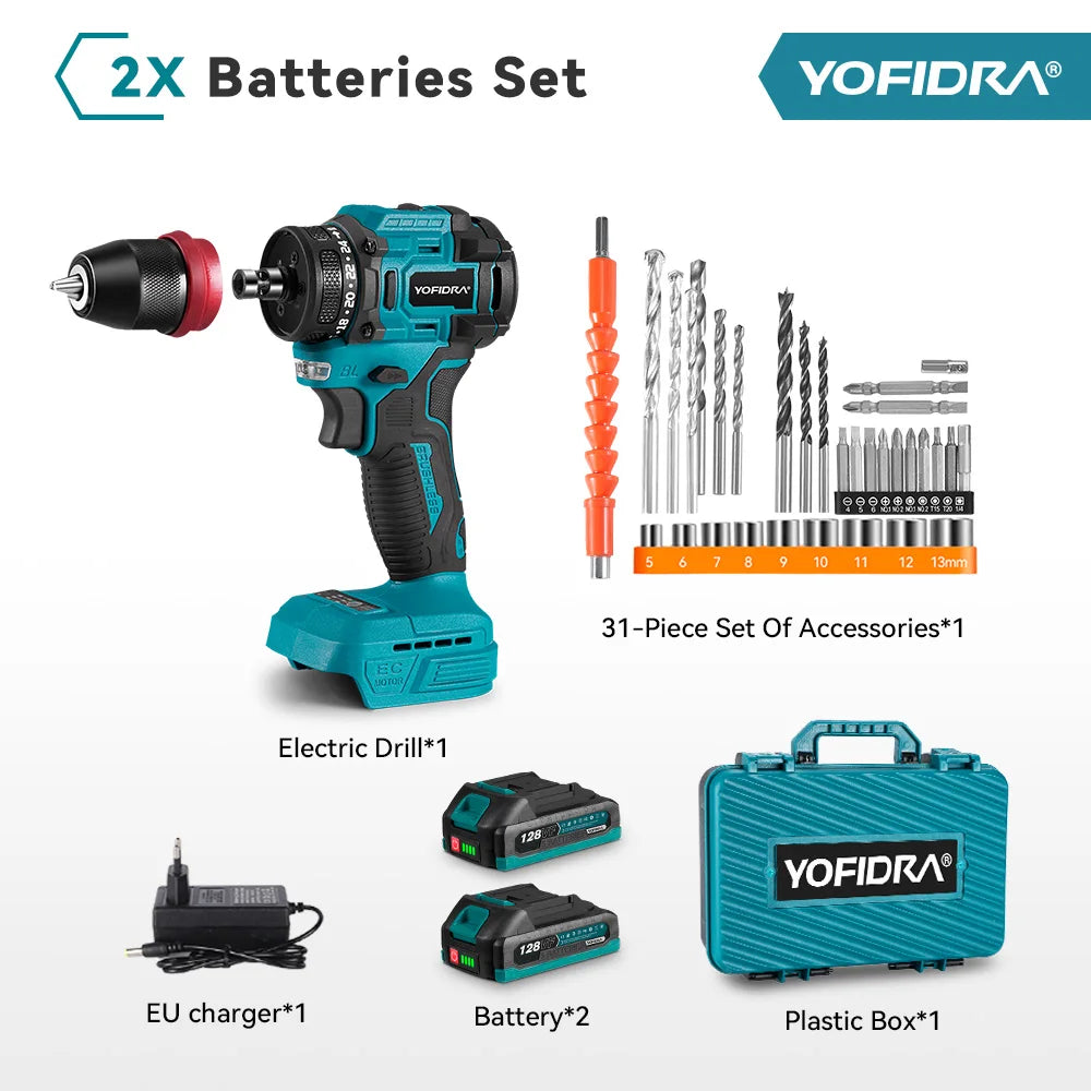 YOFIDRA Brushless Electric Drill Screwdriver 10MM Handheld Cordless Impact Drill Woodworking Power Tool For Makita 18V Battery