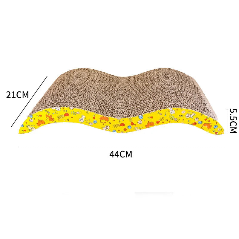 Corrugated cardboard cat scratcher with a wavy, yellow-patterned base.