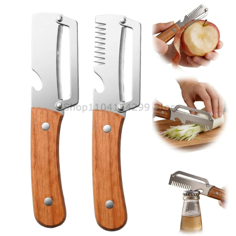 New Paring Knife Ergonomic Wood Handle Knife Stainless Steel Vegetable Peeler with Wooden Handle 2-in-1 Fruit Potato Peeler