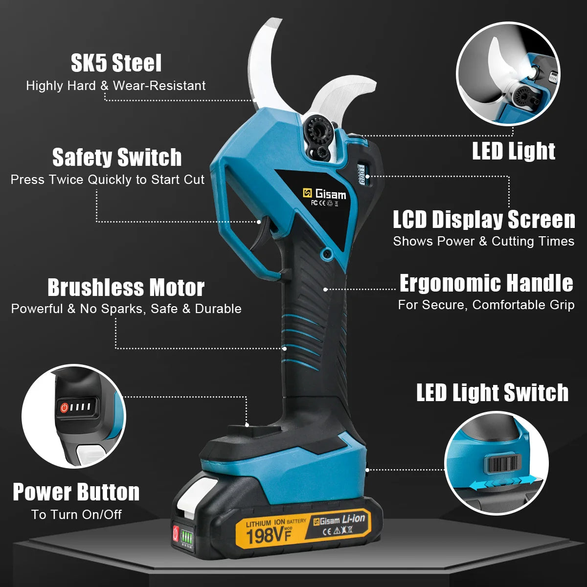 Gisam Brushless 60mm elektrische snoeischaar snoerloze fruitboom bonsai snoeigereedschap voor Makita 18V-accu