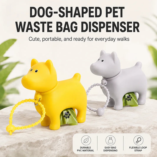 Dog Poop Bag Holder PVC Dog Shape Waste Bag Dispenser Clip-on Leash Backpack Portable Pet Cleanup Box for Outdoor Walks Trips