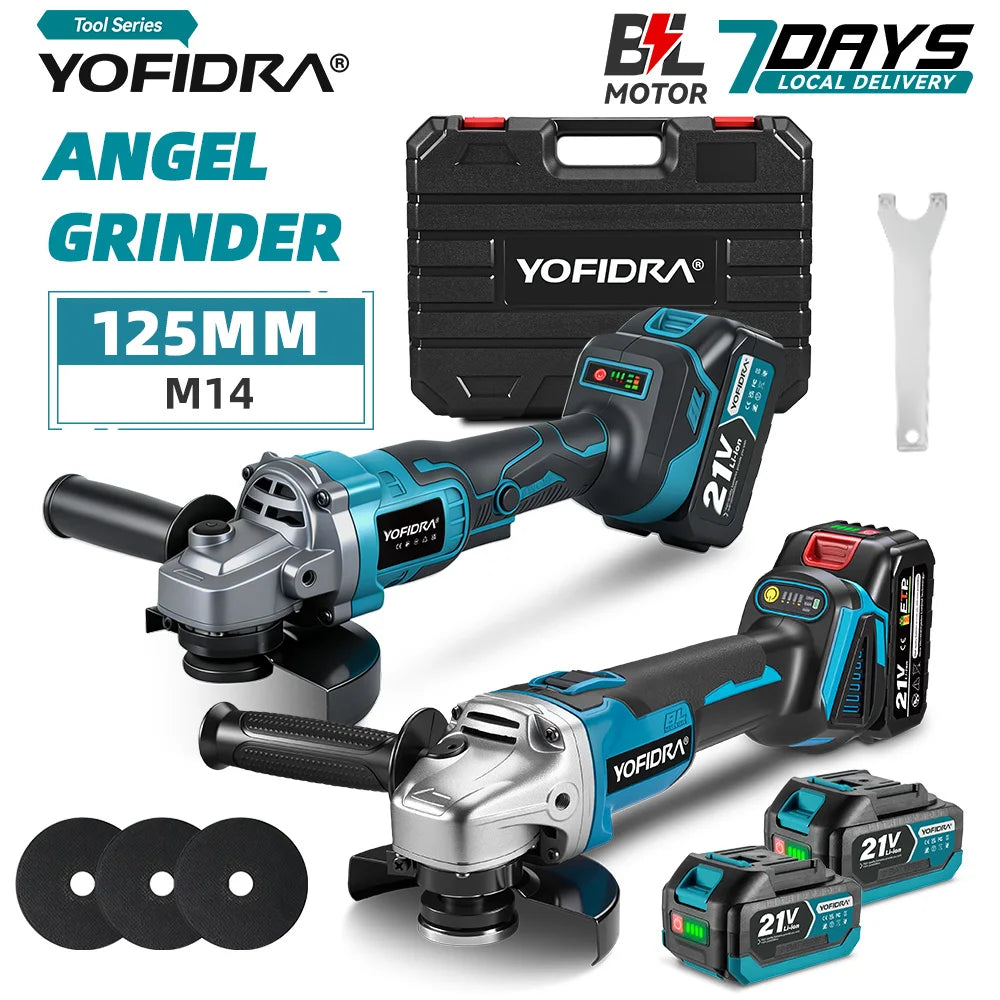 YOFIDRA 125MM Brushless Electric Angle Grinder Cordless Metal Wood Grinding Polishing Cutting Power Tool for Makita 18-21V Battery Pin