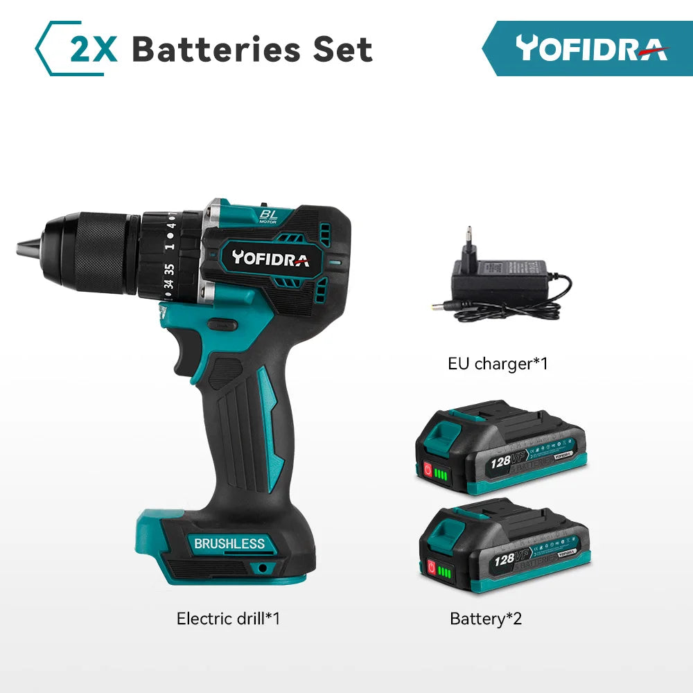 YOFIDRA 35+3 Torque Brushless Electric Impact Drill 13MM Multifunction Electric Screwdriver Power Tools Makita 18V Battery Pin