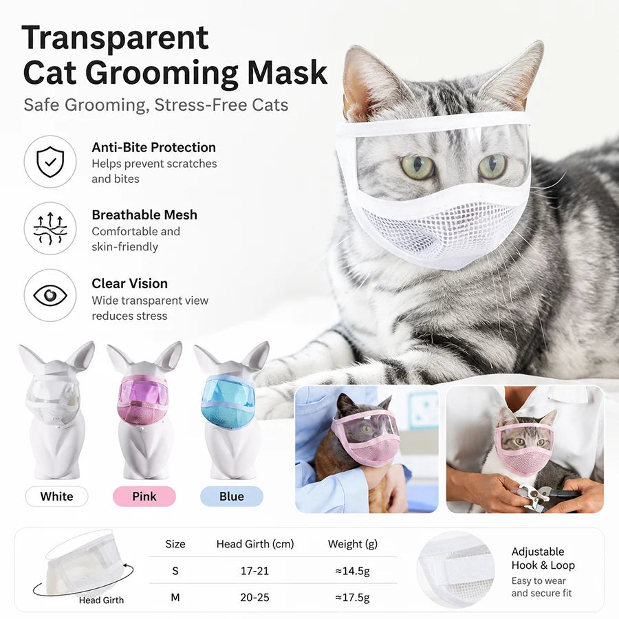 Cat Grooming Protective Mask Transparent Anti Bite Cat Muzzle Visor Face Shield for Nail Trimming Bathing Adjustable Velcro S M