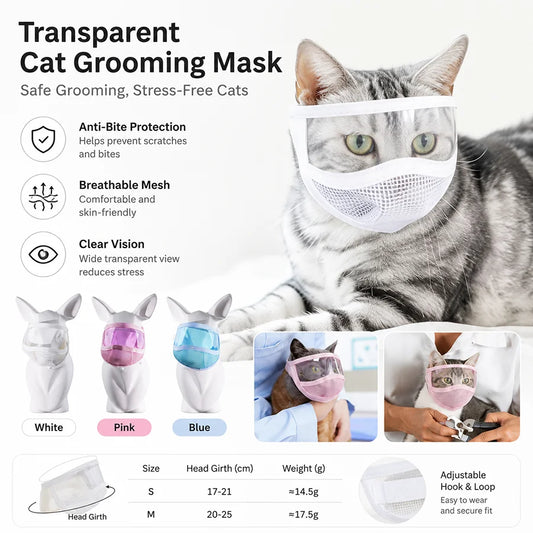 Cat Grooming Protective Mask Transparent Anti Bite Cat Muzzle Visor Face Shield for Nail Trimming Bathing Adjustable Velcro S M