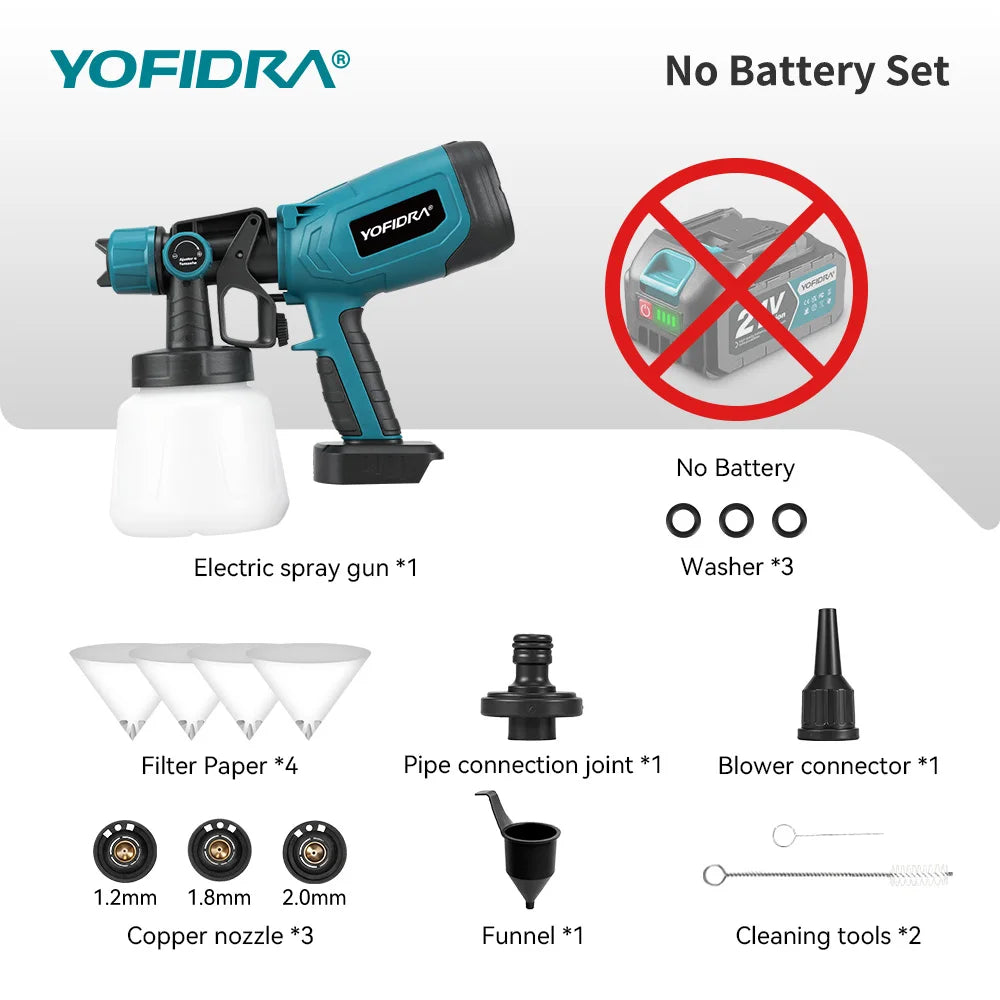 YOFIDRA 1000ML Elektrisch spuitpistool 66000RPM Snoerloze verfspuit Auto staalcoating airbrush elektrisch gereedschap voor Makita-accu