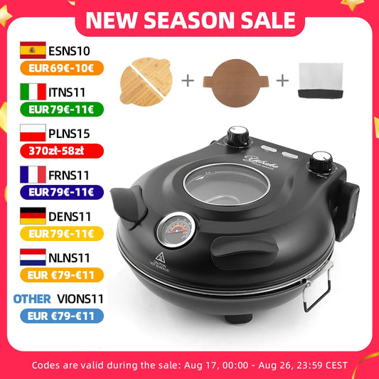 12 Inch Electric Pizza Oven Indoor 1200 Watt Glazed Ceramic Stone Cooker Two-button Precise Temperature Control Heats up 420℃