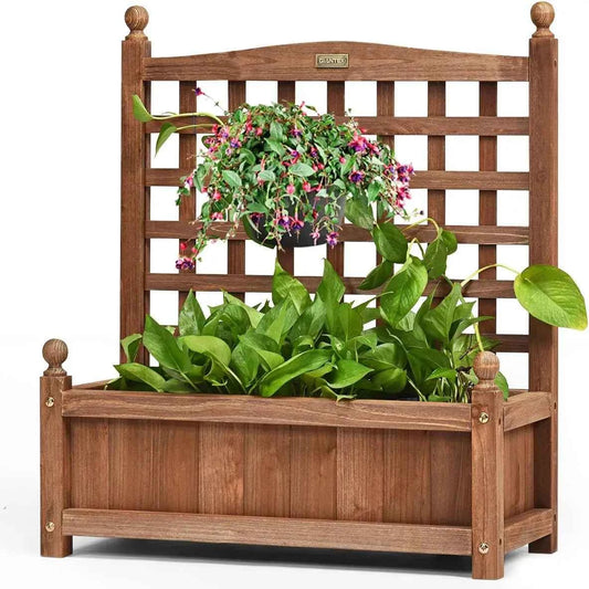Flower Box with Trellis, Wooden Planter, Raised Bed with Trellis, Flower Tub, Trellis , 64.5 x 28 x 75 cm, Brown