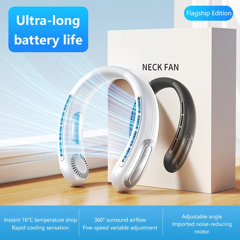 Ventilateur de cou suspendu Lenovo, chargement USB, mains libres, portable pour l'extérieur, silencieux, 5 vitesses, turbo, sans pales, mini ventilateur, batterie ultra longue durée