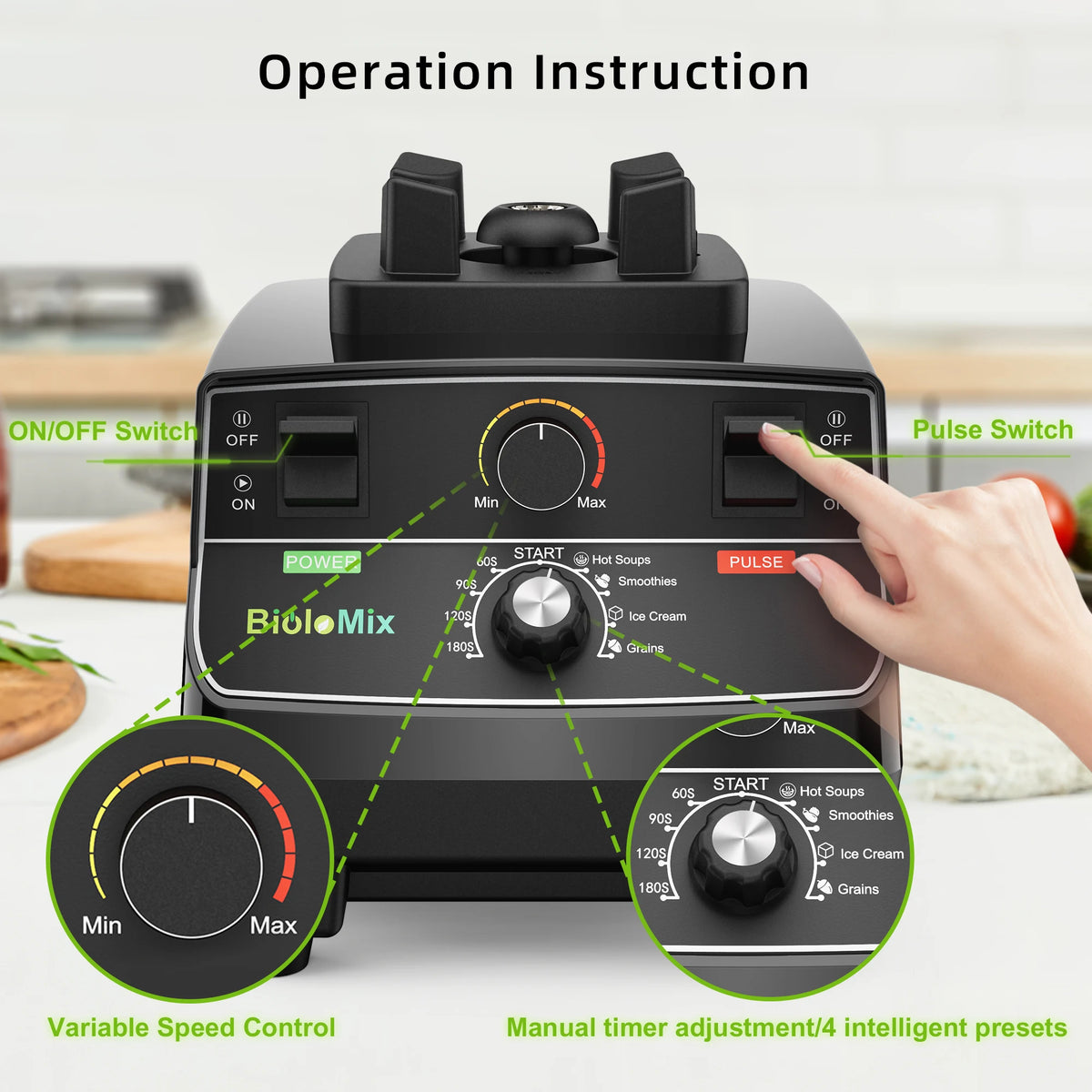 Mixeur haute puissance intelligent BioloMix 2200 W avec modes préprogrammés, bol rond de 2 L, idéal pour les smoothies, piler la glace et la préparation culinaire