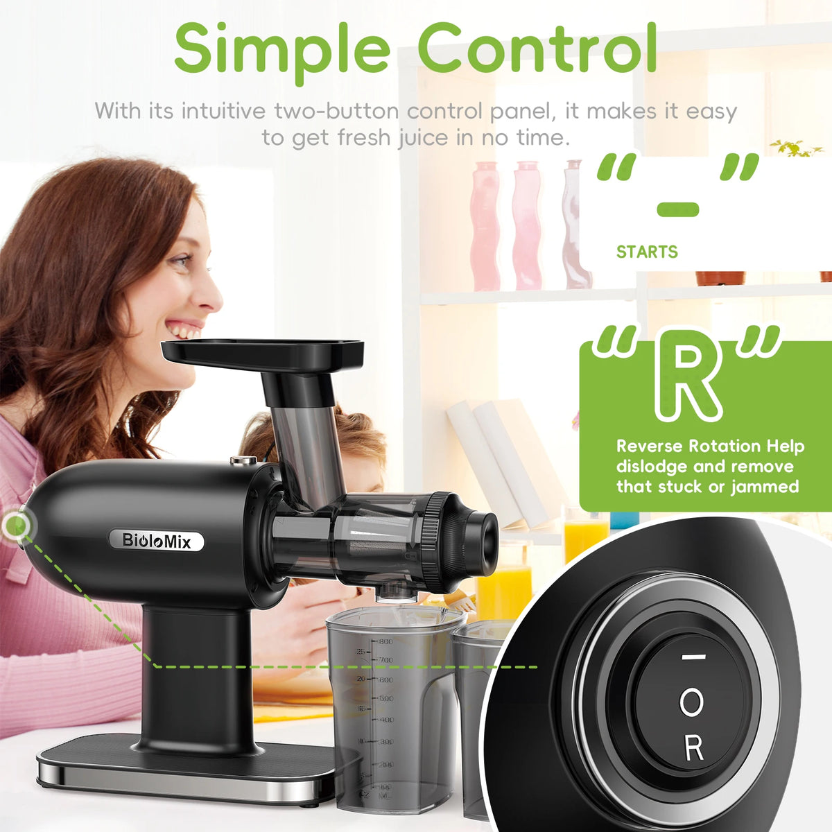 BioloMix Slow Masticating Juicer Cold Press Technology with Reverse Function High Juice Yield Comes with Cleaning Brush Quiet