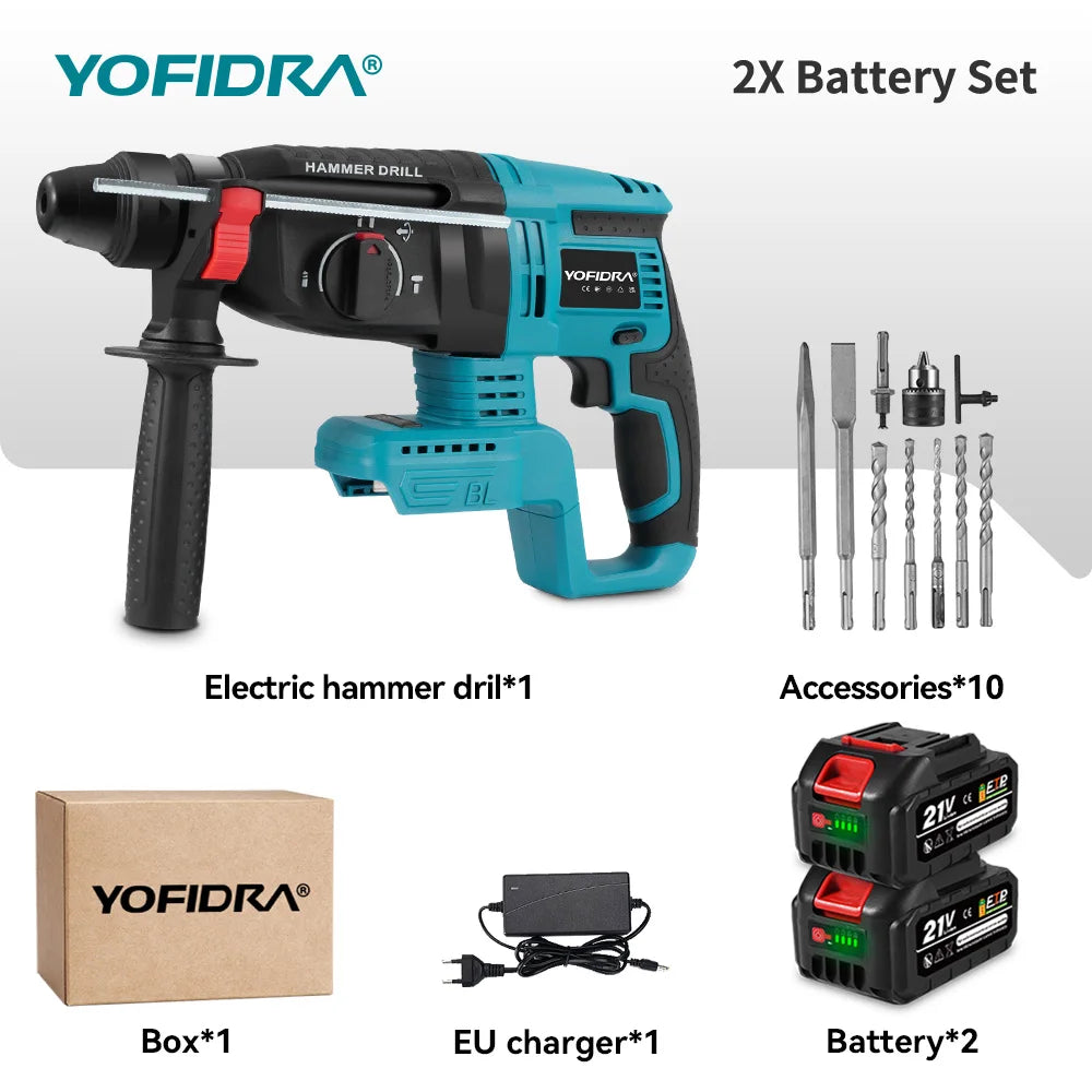 Perceuse à percussion sans fil YOFIDRA, marteau perforateur électrique sans balais 26 mm, ensemble d'outils électroportatifs pour le travail du bois, compatible avec batterie Makita 18V