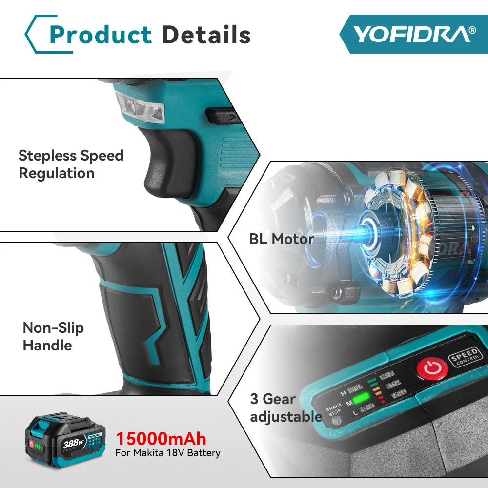 YOFIDRA Boulonneuse à chocs électrique sans fil 1/2" 1000 N.m, clé à chocs portative pour vissage automobile, ensemble avec douilles, compatible batterie Makita avec goupille