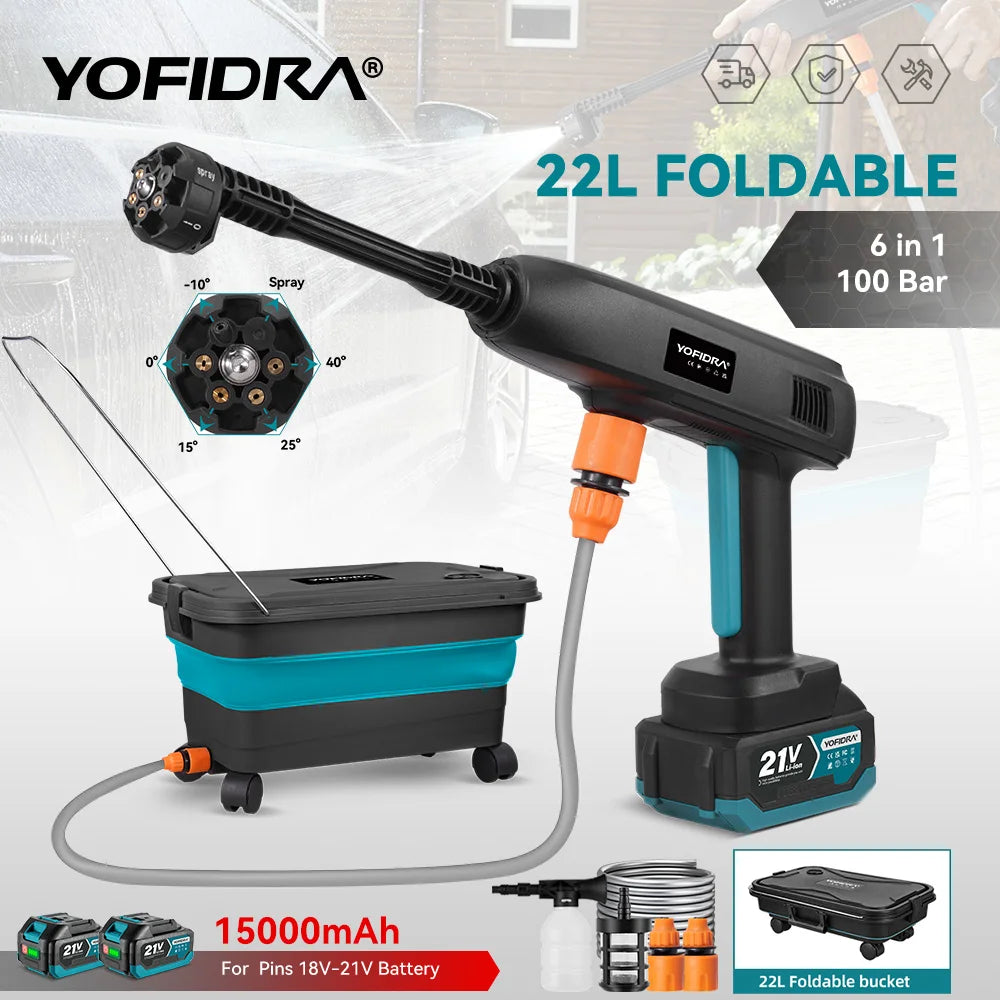 YOFIDRA 6 IN 1 100Bar Electric Water Spray Gun with 22L Foldable Water Bucket Home Car Washing Machine for Makita 18V-21V Battery Pin