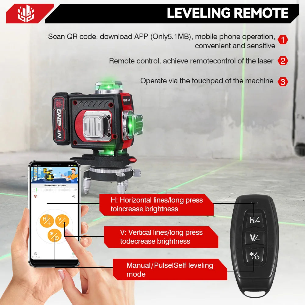 Niveau laser 4D autonivelant 16 lignes ONEVAN avec trépied, faisceau laser vert puissant, lignes croisées horizontales et verticales à 360°