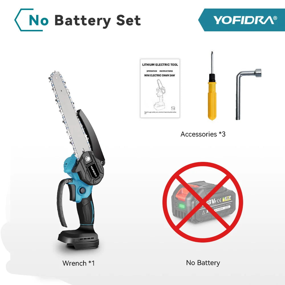 YOFIDRA 3000W 8Inch Brushless ChainSaw Handheld Cordless Pruning Cutting Chain Saw WoodWooking Power Tool For Makita Battery Pin