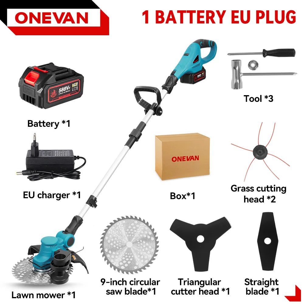 ONEVAN Borstelloze Elektrische Grasmaaier 36000RPM Grastrimmer 90° Verstelbaar Opvouwbaar Tuingereedschap voor Makita 18V Accu