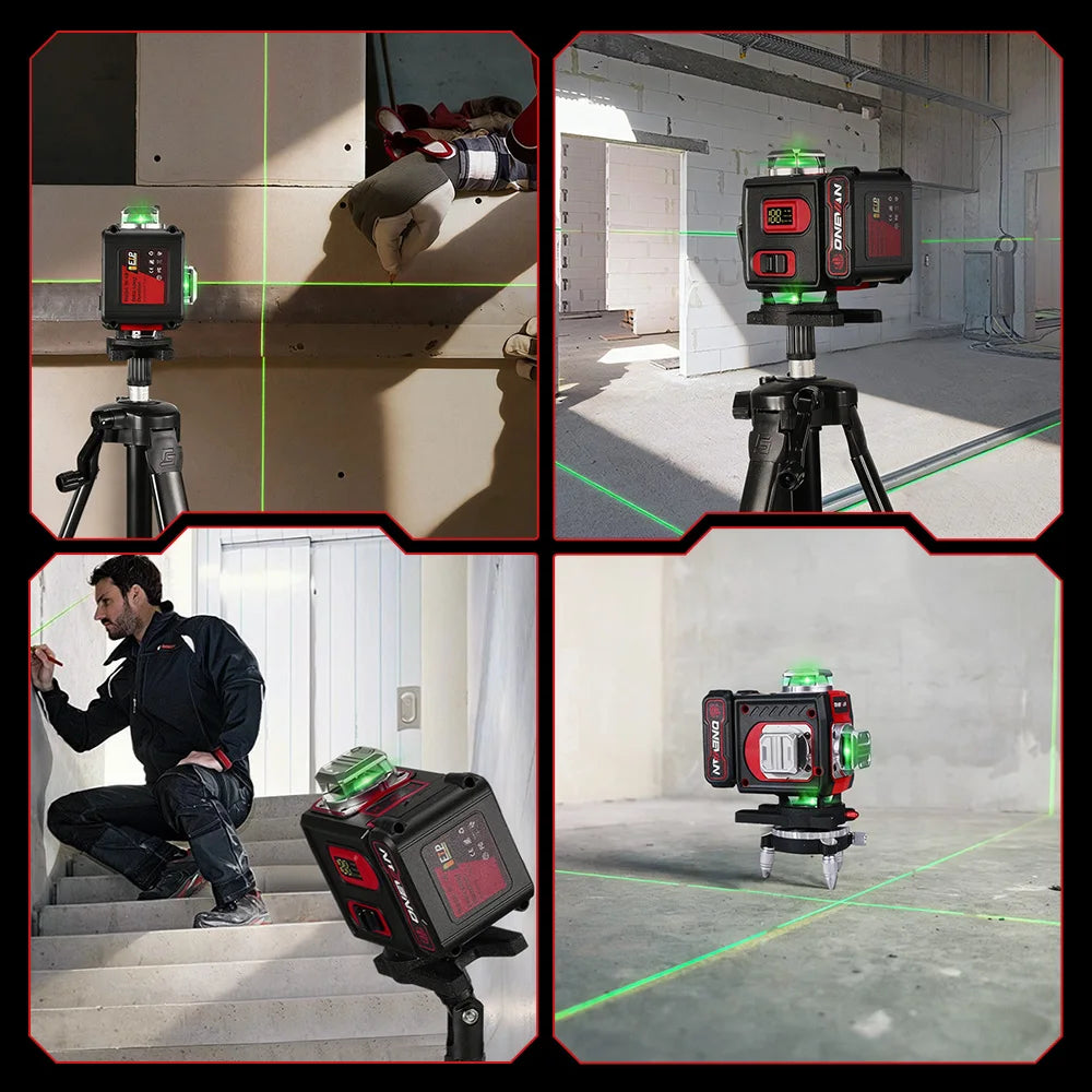 Niveau laser 4D autonivelant 16 lignes ONEVAN avec trépied, faisceau laser vert puissant, lignes croisées horizontales et verticales à 360°