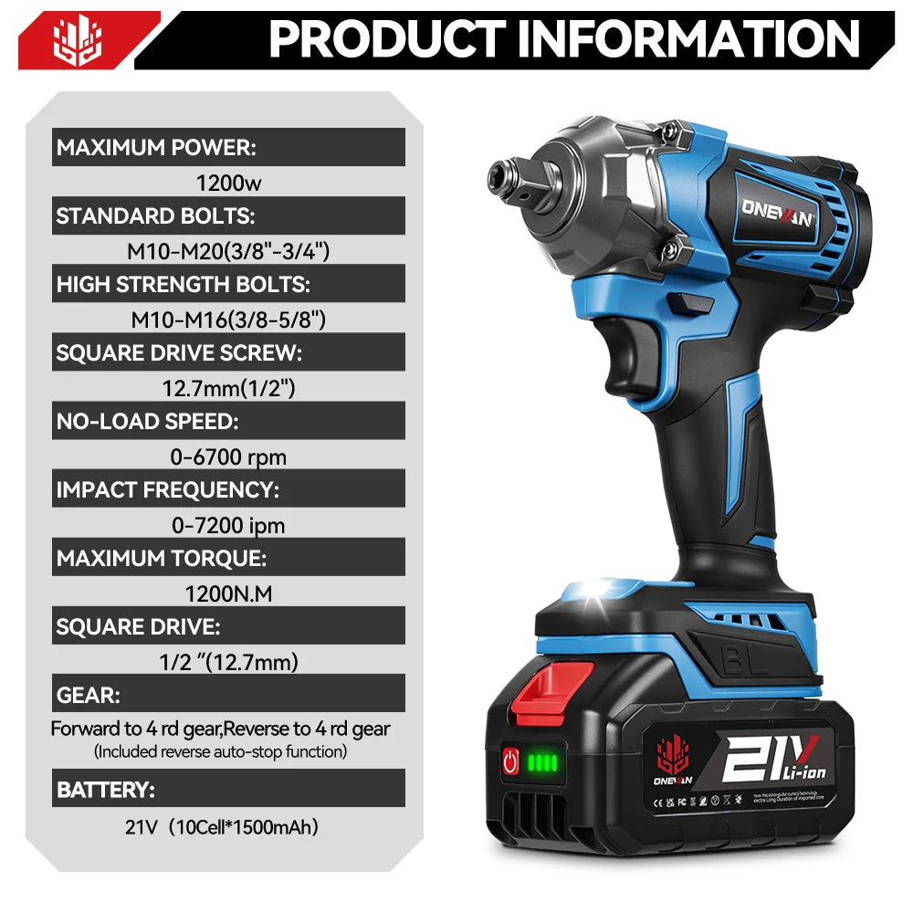 ONEVAN 1200N.M Koppel Borstelloze Elektrische Slagsleutel 1/2 Inch Schroevendraaier Dopsleutel Elektrisch Gereedschap voor Makita 18V Accu Pin
