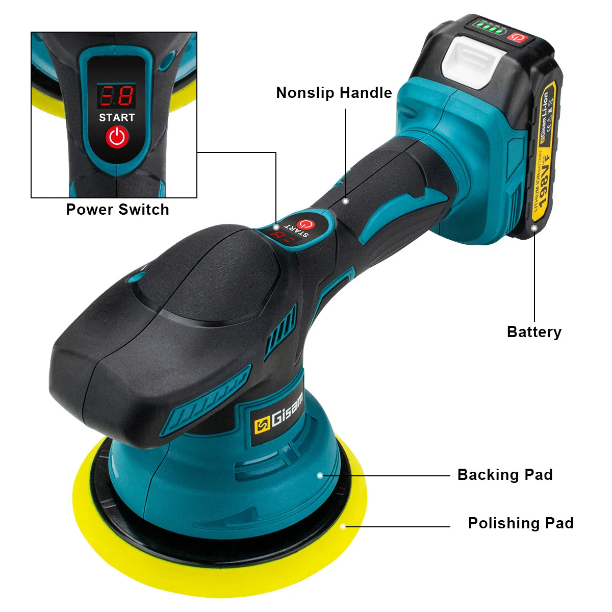 Polisseuse de voiture sans fil Gisam, 8 vitesses réglables, outil électrique pour cirage, ponçage et lustrage, compatible avec batterie Makita 18V