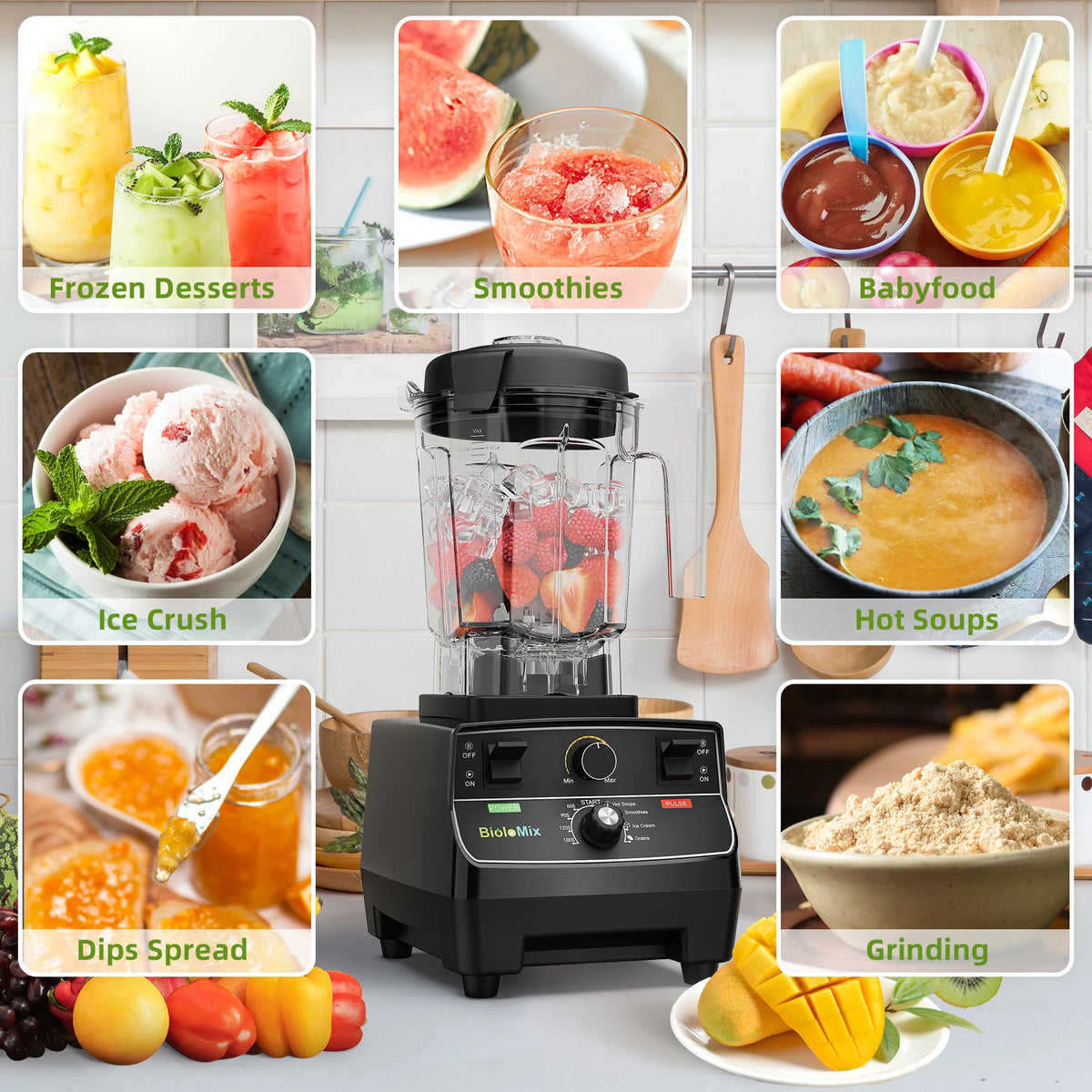 Mixeur haute puissance intelligent BioloMix 2200 W avec modes préprogrammés, bol rond de 2 L, idéal pour les smoothies, piler la glace et la préparation culinaire