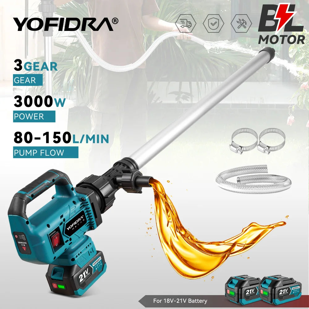 YOFIDRA 3 Gears 80-150L/Min Brushless Water Transfer Pump 3000W Cordless Stick Liquid Extraction Machine For Makita Battery Pin