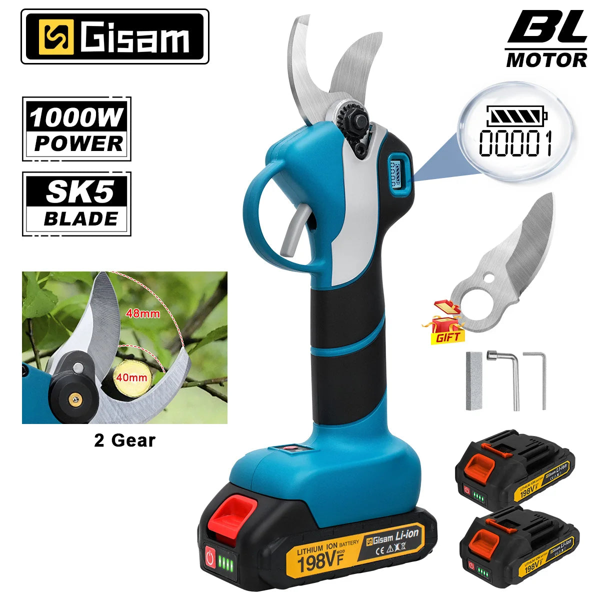 Sécateur électrique Gisam 1000W 40mm, outil de taille sans fil sans balai pour branches d'arbre, compatible avec les batteries Makita 18V