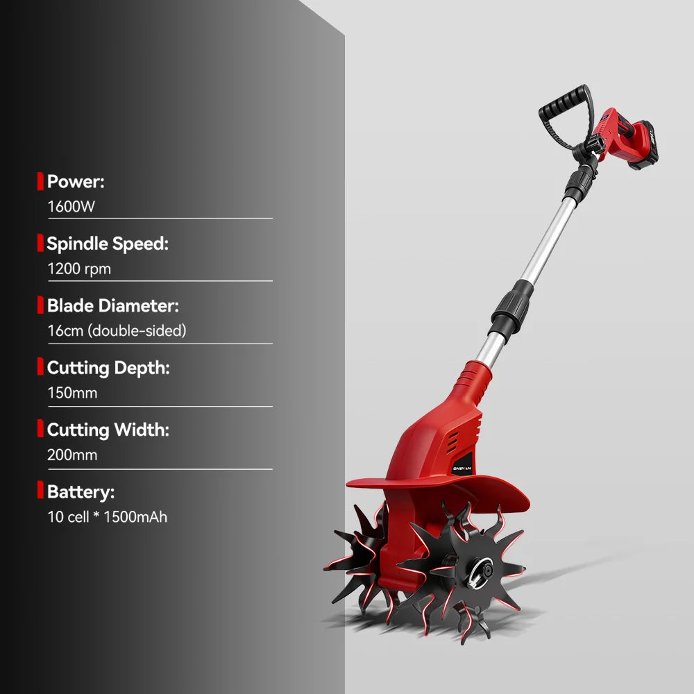 ONEVAN Borstelloze 1600W Elektrische Tuinfrees Cultivator Grastrimmer Grondbewerkingsmachine voor Makita Accu