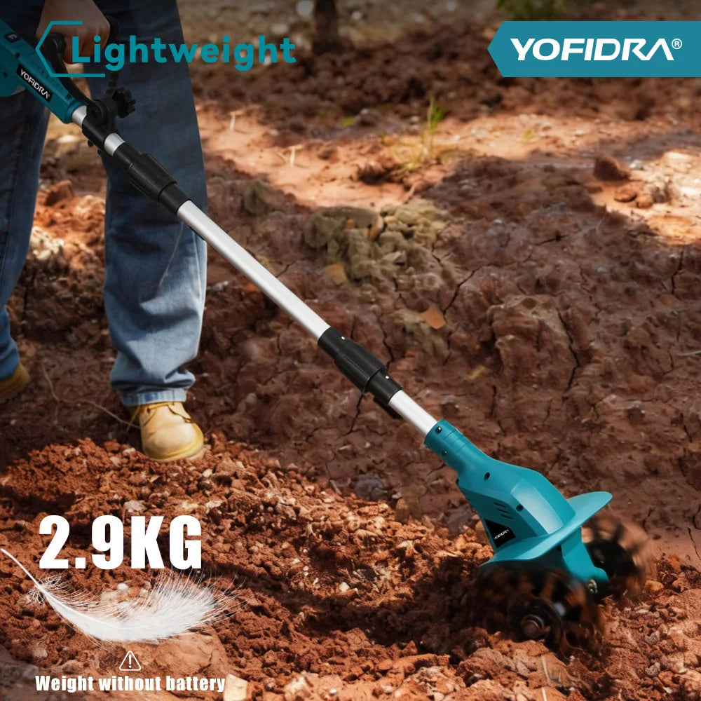 YOFIDRA Garden Electric Tiller Cultivator Portable Cordless Lawn Mower Grass Trimmer Soil Turning Power Tool for Makita 18-21V Battery Pin