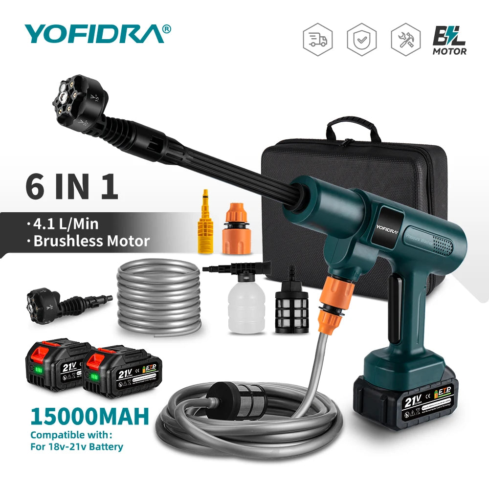 Pistolet nettoyeur haute pression électrique sans balais YOFIDRA 200 bars 3500W 6-en-1, outil de jardin pour lavage  de voiture compatible avec batterie Makita