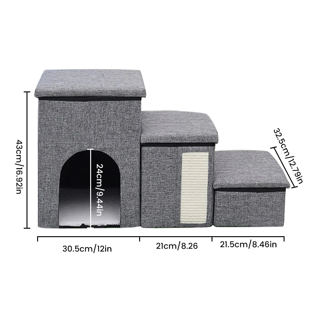 Foldable Pet Stairs with Storage Compartments, Non-Slip Wide Steps, Comfortable Dog Cave for Elderly Cats and Dogs Climb & Rest - Quality Shopping Centre