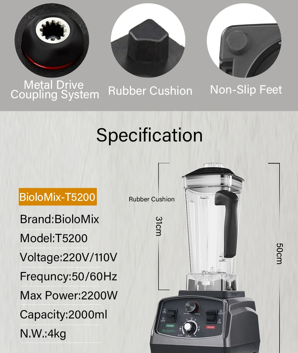 BioloMix 2200W 3HP High Power Blender with Timer Feature 2L BPA Free Jar Ideal for Smoothies Juices Food Prep and Ice Crushing