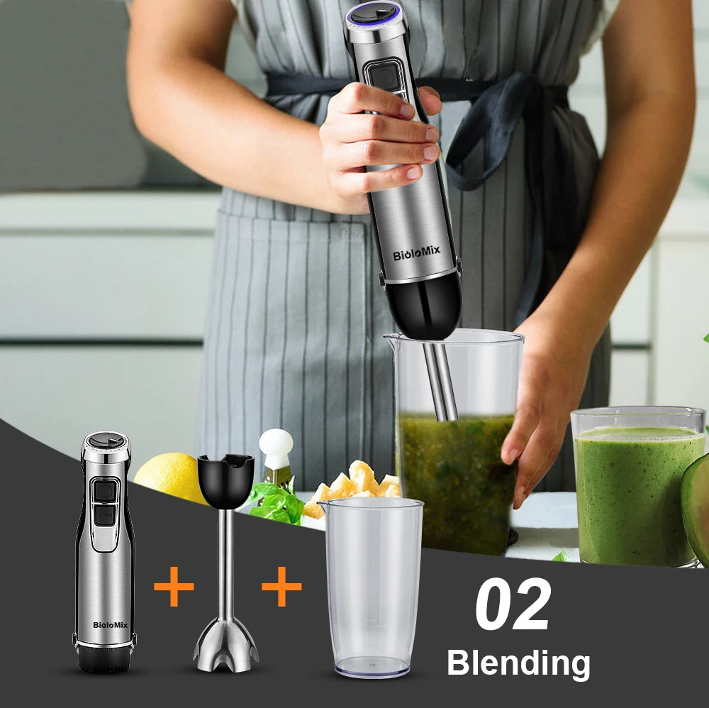 BioloMix Professionele 4-in-1 Staafmixerset - 1200W Krachtige Handmixer met Roestvrijstalen IJsmessen, Inclusief Hakmolen
