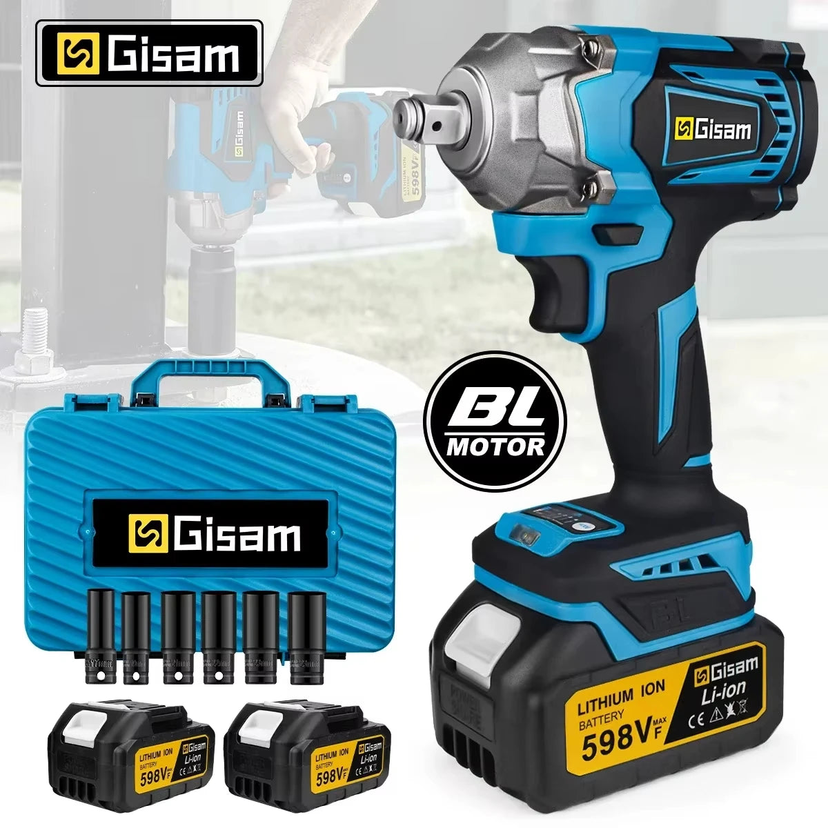 Gisam 1200NM Borstelloze Elektrische Slagmoersleutel Oplaadbaar 1/2" Autobanden Snoerloos Elektrisch Gereedschap voor Makita 18V Accu Pin