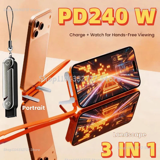 3-in-1 240W oplaadkabel met ingebouwde telefoonstandaard, USB-C naar USB-C snellaad- en datakabel, opvouwbare houder Type-C snoer