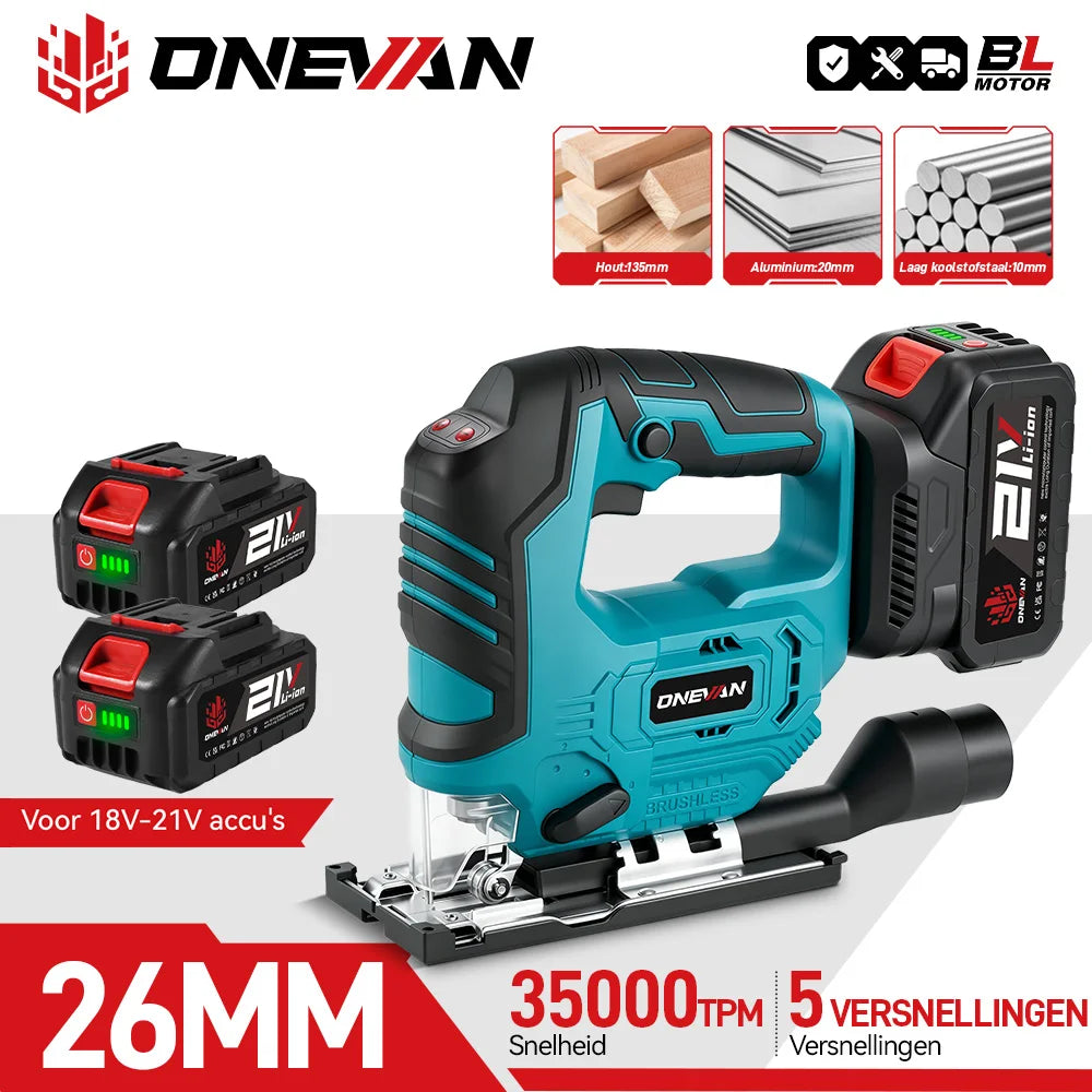 Scie sauteuse électrique sans fil sans balais ONEVAN 3500 tr/min, 1000W, outil de découpe pour travail du bois, compatible avec batterie Makita 18V