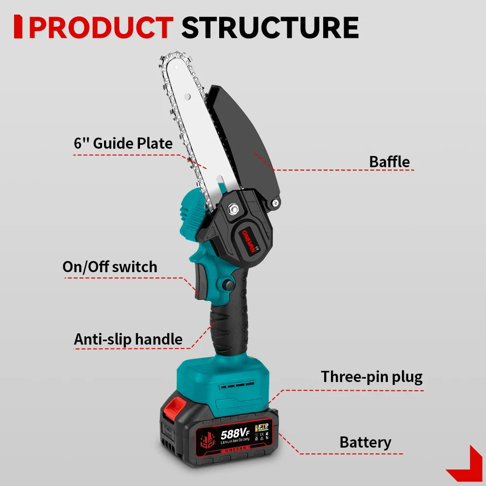 ONEVAN 3500W 6 Inch Brushless Electric Chainsaw Cordless Portable Electric Saw Woodworking Power Tool For Makita 18V Battery Pin