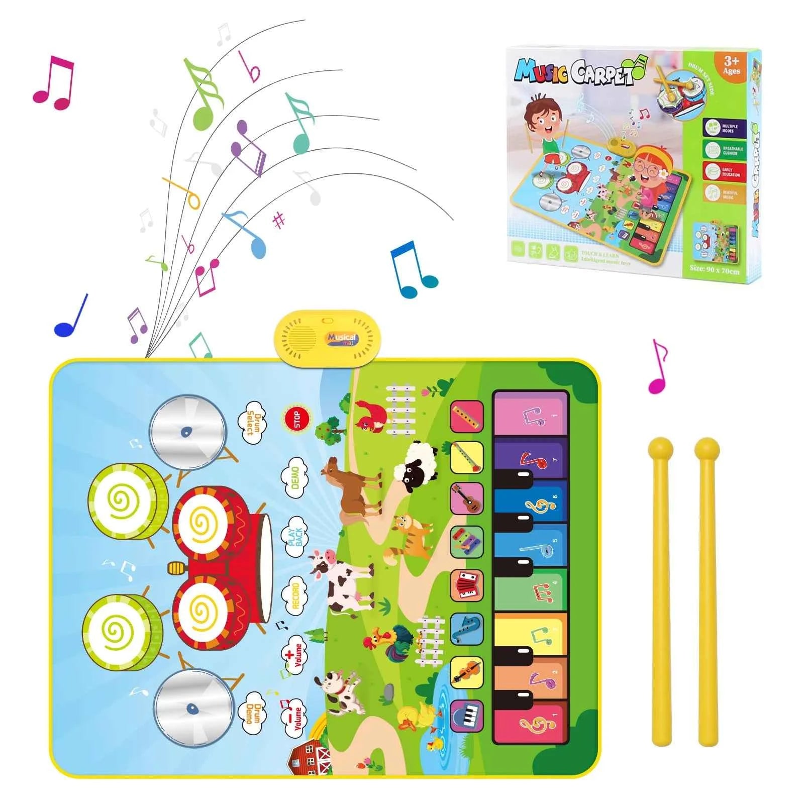 90x70cm Unicorn Music Mat - 2 in 1 Piano Keyboard and Drum Dance Mat for Kids, Educational Toys with 8 Instruments Sounds