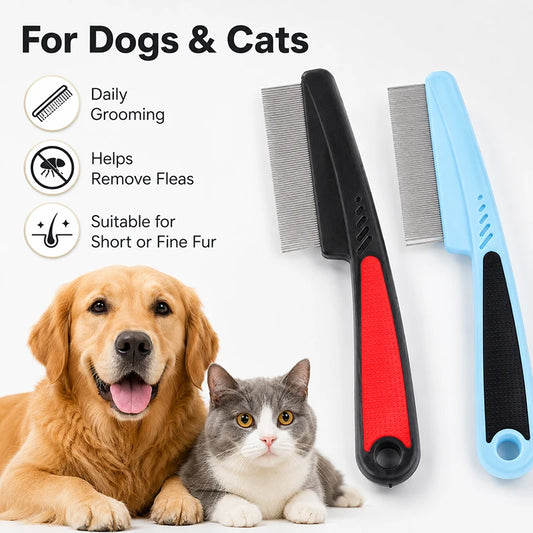 Pet Flea Comb for Dogs Cats Fine Tooth Stainless Steel Grooming Comb Anti-Slip Handle Pet Hair Remover Lice Comb for Short Fur